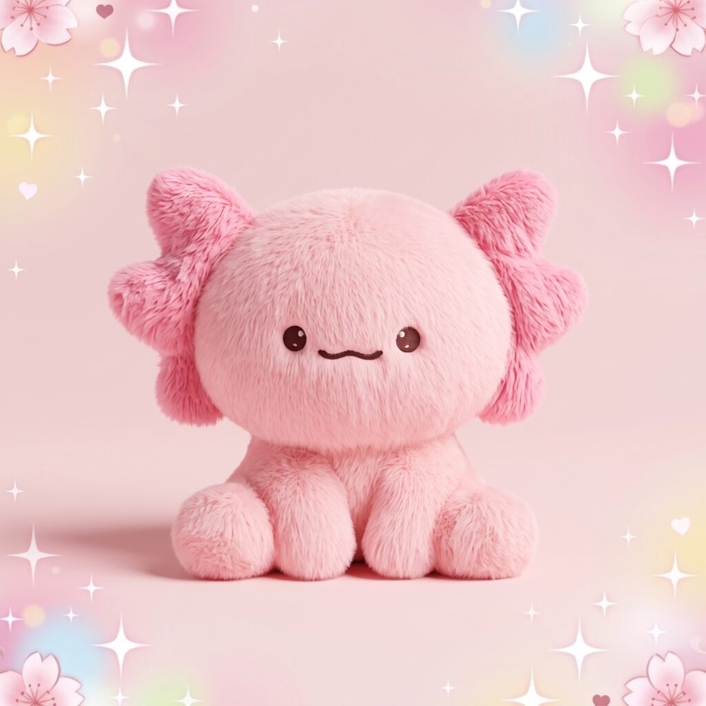 Une peluche kawaii bébé axololt mignon rose, toute douce et ronde, avec de grandes joues et un petit visage souriant, sur un fond pastel décoré d’étoiles et de fleurs.