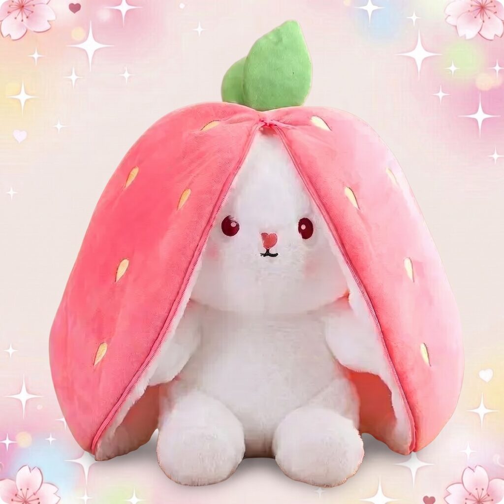 Une peluche kawaii lapin mignon caché dans un fruit, avec un petit lapin blanc tout doux caché dans une fraise rose.