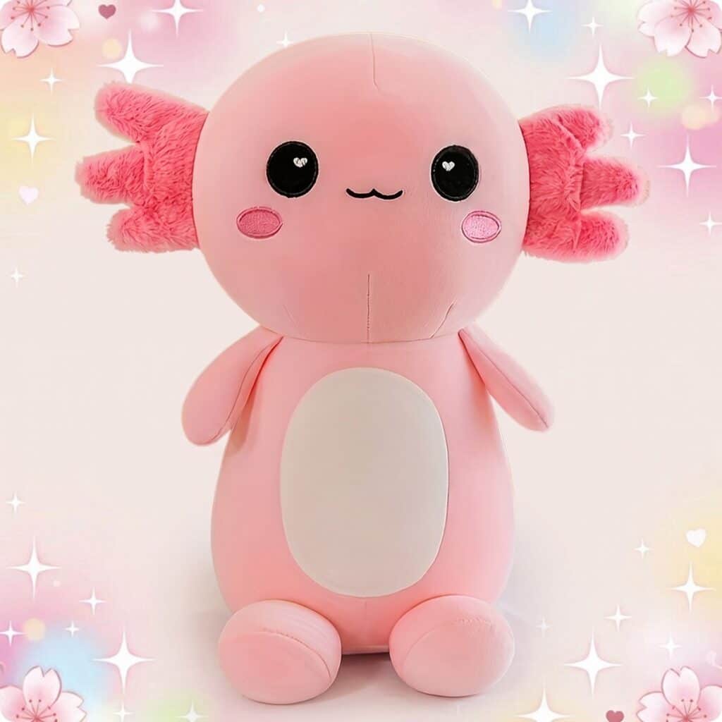 Une peluche kawaii axolotl coloré rose, toute douce, avec de grands yeux noirs, des joues rondes et un fond pastel plein d’étoiles et de petits cœurs.
