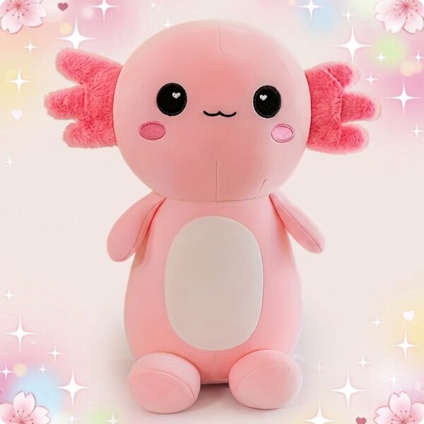Une peluche kawaii axolotl coloré rose, toute douce, avec de grands yeux noirs, des joues rondes et un fond pastel plein d’étoiles et de petits cœurs.
