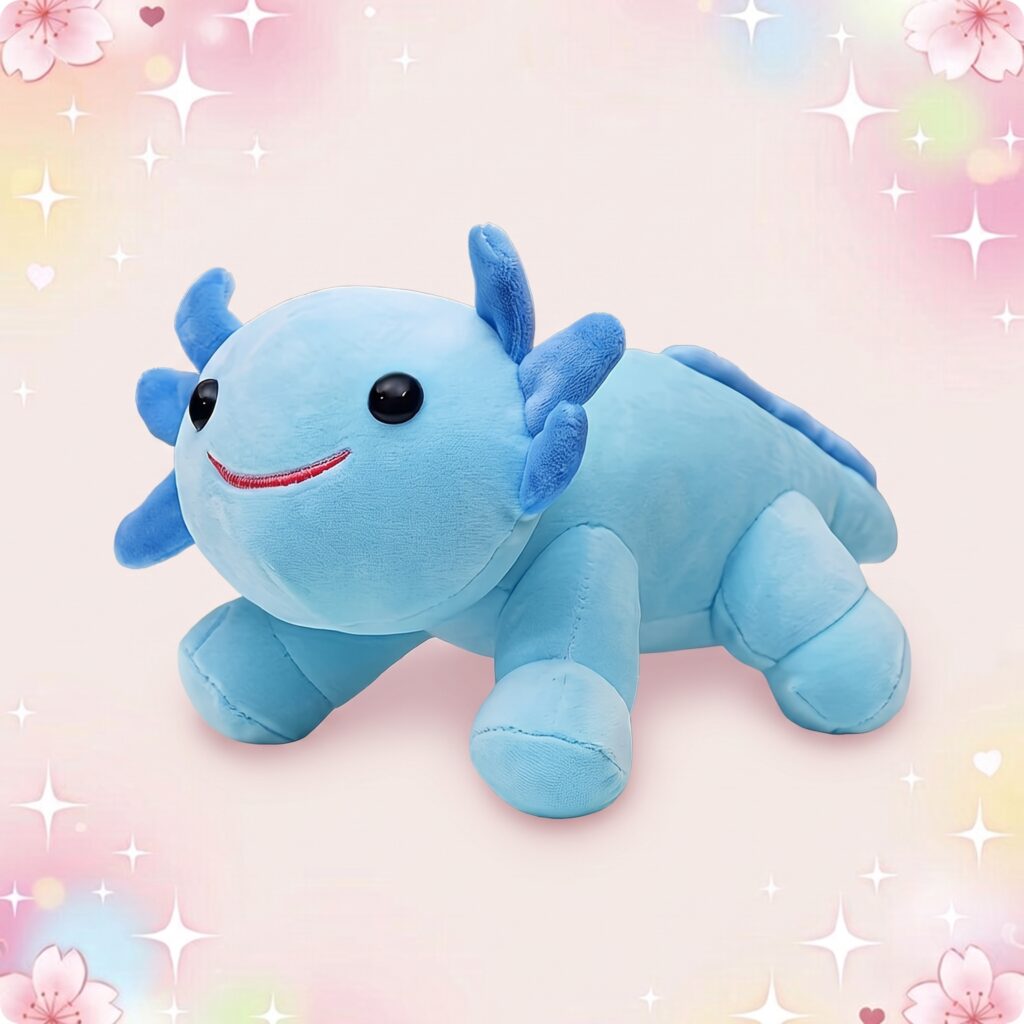 Une peluche kawaii axolotl coloris pastel bleu, avec un visage souriant, posée sur un fond rose et scintillant.