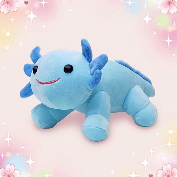 Une peluche kawaii axolotl coloris pastel bleu, avec un visage souriant, posée sur un fond rose et scintillant.