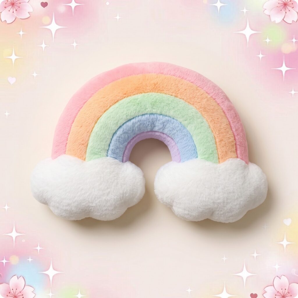 Un doudou kawaii arc-en-ciel doux et moelleux, en forme d’arc multicolore avec deux nuages blancs, posé sur un fond pastel avec des étoiles et des fleurs.