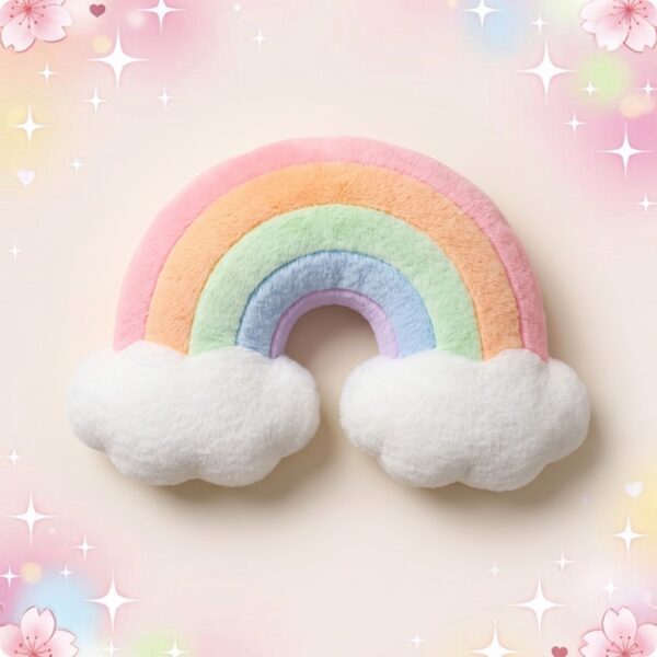 Un doudou kawaii arc-en-ciel doux et moelleux, en forme d’arc multicolore avec deux nuages blancs, posé sur un fond pastel avec des étoiles et des fleurs.