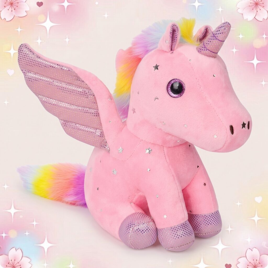 Un doudou kawaii licorne rose avec ailes brillantes, corne pailletée et queue arc-en-ciel, posé sur un fond doux et féerique.