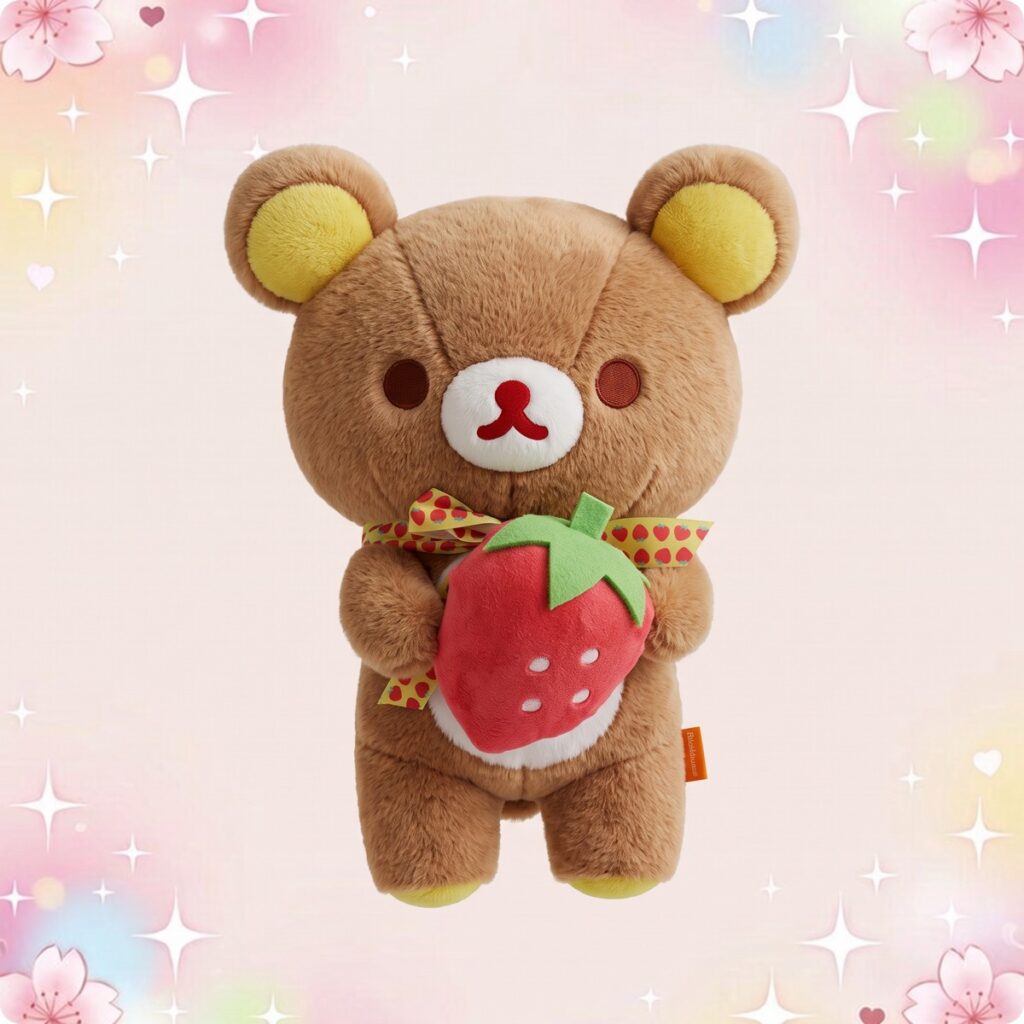 Un doudou kawaii ourson Rilakkuma en peluche, brun et tout doux, tenant une grosse fraise rouge sur un fond rose décoré d’étoiles et de fleurs.