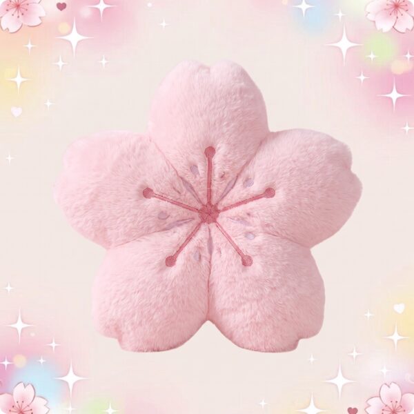 Un coussin kawaii fleur tropicale rose en forme de fleur douce et moelleuse, sur un fond pastel avec de petites étoiles et des fleurs décoratives.