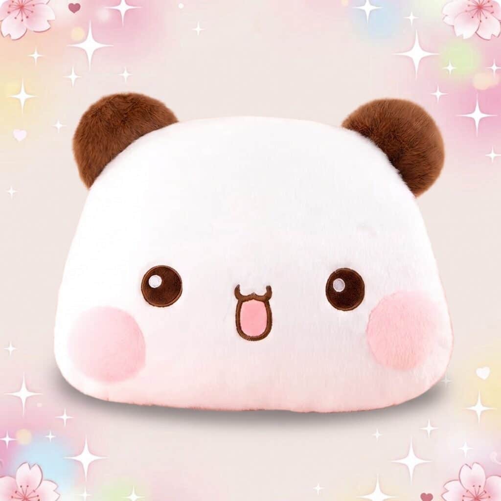 Un coussin kawaii ours Bubu Dudu blanc et rose, avec de petites oreilles brunes, des joues roses et un visage tout mignon sur fond pastel scintillant.
