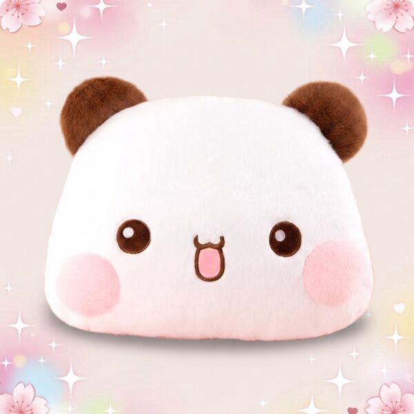 Un coussin kawaii ours Bubu Dudu blanc et rose, avec de petites oreilles brunes, des joues roses et un visage tout mignon sur fond pastel scintillant.