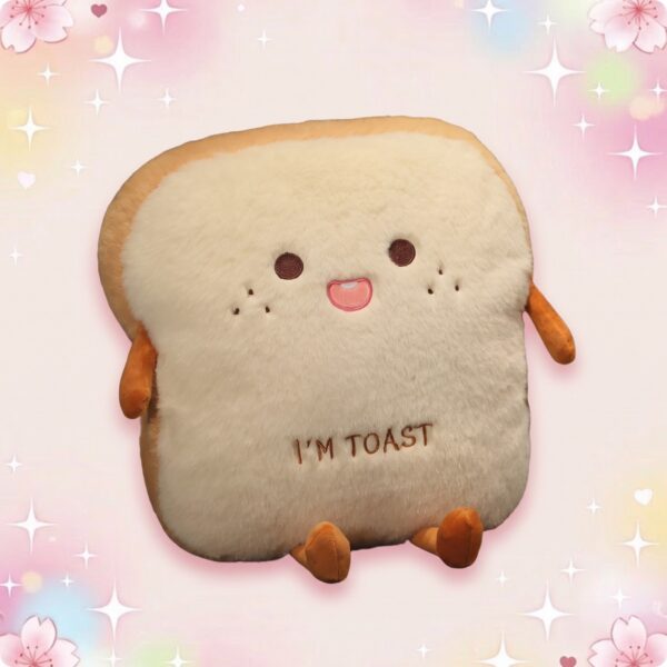 Un coussin kawaii toast de pain en forme de tranche de pain moelleuse, avec un petit visage souriant, des bras et des jambes, sur un fond rose avec des étoiles.
