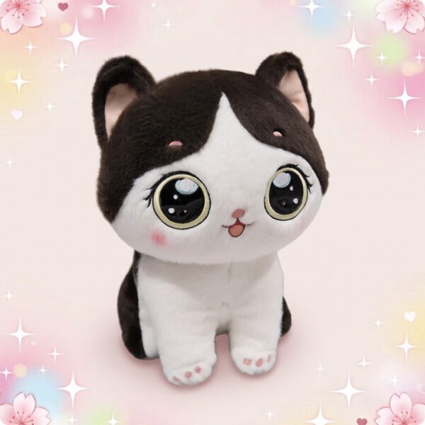 Une peluche chat câlin kawaii noire et blanche, avec de grands yeux brillants, de petites oreilles et un air tout mignon, posée sur un fond rose doux avec des étoiles et des fleurs.