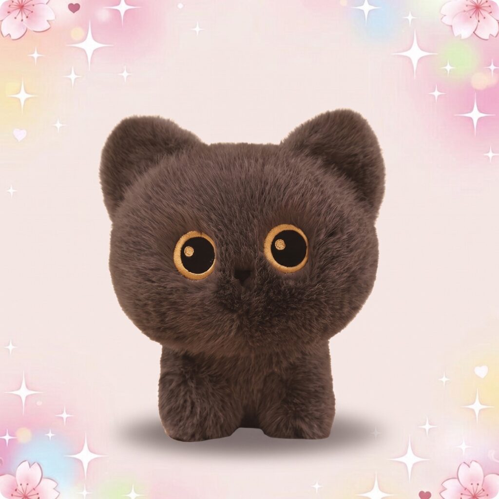 Une peluche chat kawaii mignon toute douce, avec de grandes oreilles et de gros yeux ronds, posée sur un fond rose pastel décoré de petites étoiles et de cœurs.