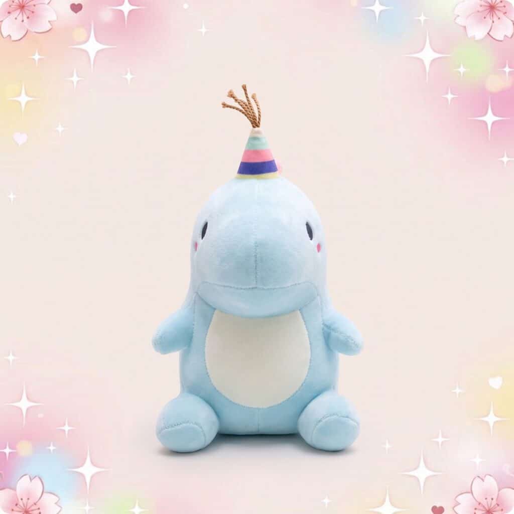 Une peluche dinosaure kawaii d'anniversaire bleu clair avec un chapeau de fête rayé, assise sur un fond rose pastel avec des étoiles et des fleurs scintillantes.