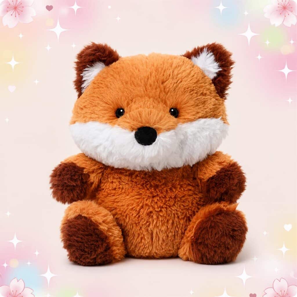 Une peluche renard kawaii toute douce à câliner orange et blanche, assise avec de petites pattes rondes, sur un fond pastel décoré d’étoiles et de cœurs.