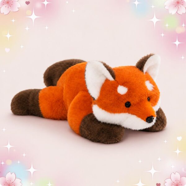 Une peluche renard kawaii en forme de coussin orange et blanc, toute douce, avec de grandes oreilles et une petite truffe noire, posée sur un fond pastel rempli d’étoiles et de petits cœurs.