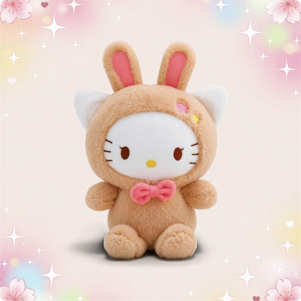 Une peluche Hello Kitty déguisée avec des oreilles de lapins brune, avec un nœud rose et un fond pastel décoré de cœurs et d’étoiles.