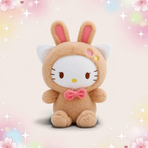 Une peluche Hello Kitty déguisée avec des oreilles de lapins brune, avec un nœud rose et un fond pastel décoré de cœurs et d’étoiles.