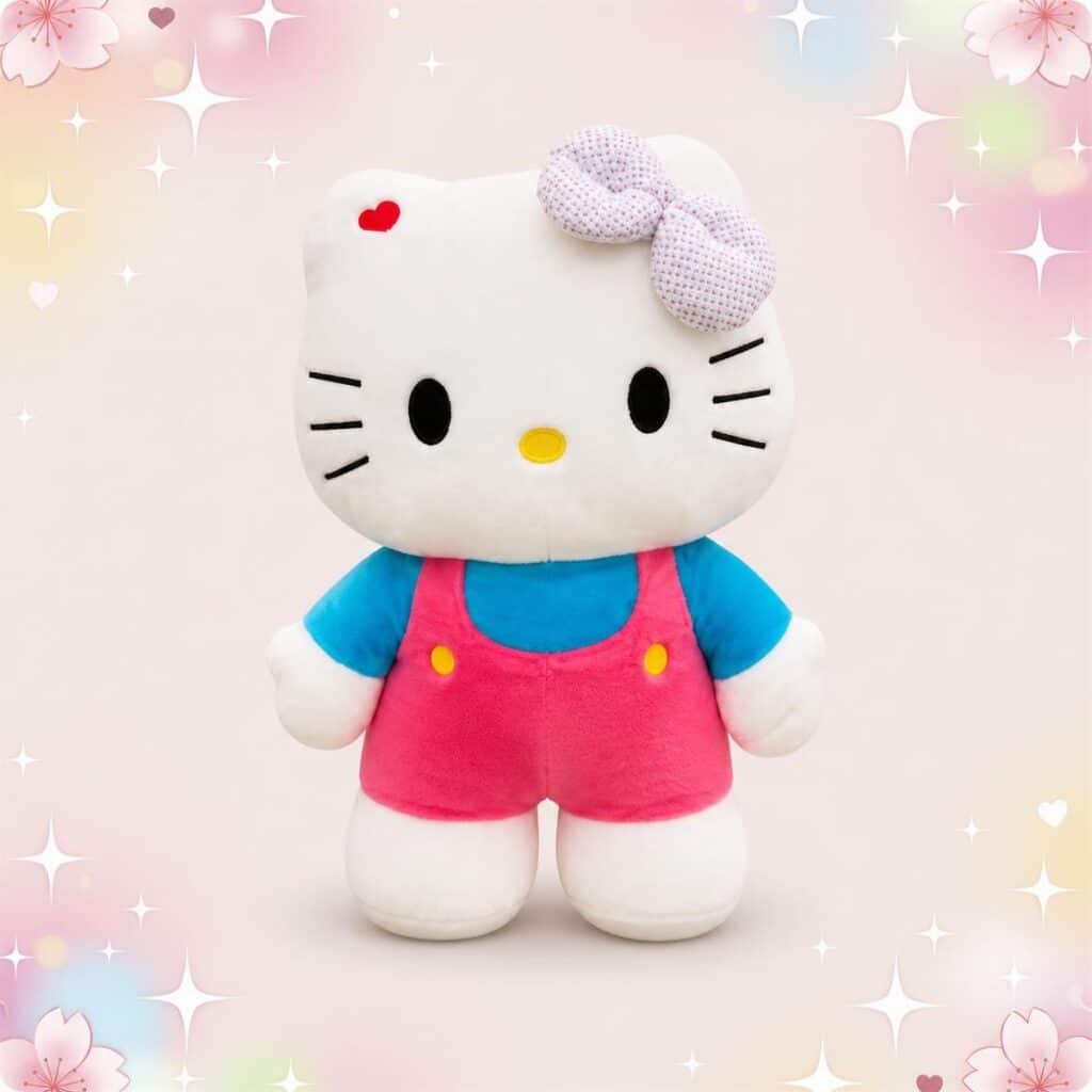 Une grande peluche Hello Kitty en salopette rose et t-shirt bleu, avec un nœud à pois, posée sur un fond pastel décoré d’étoiles et de petits cœurs.