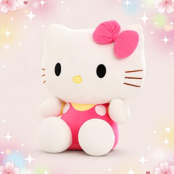 Une peluche Hello Kitty kawaii assise blanche avec un gros nœud rose, sur fond pastel décoré d’étoiles et de petits cœurs.