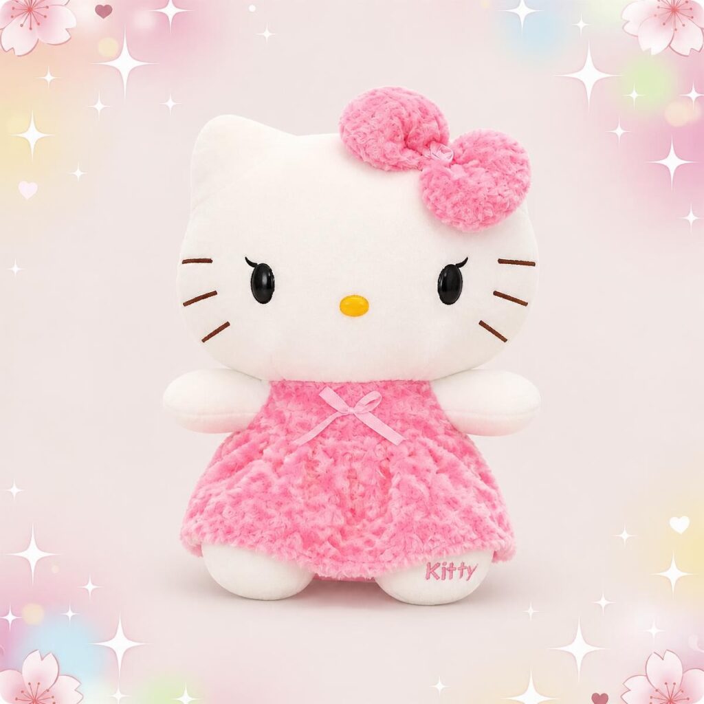 Une peluche Hello Kitty dans sa robe rose tout douce, avec un grand nœud rose, sur un fond pastel rempli de petites étoiles et de fleurs.