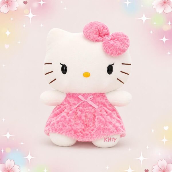 Une peluche Hello Kitty dans sa robe rose tout douce, avec un grand nœud rose, sur un fond pastel rempli de petites étoiles et de fleurs.