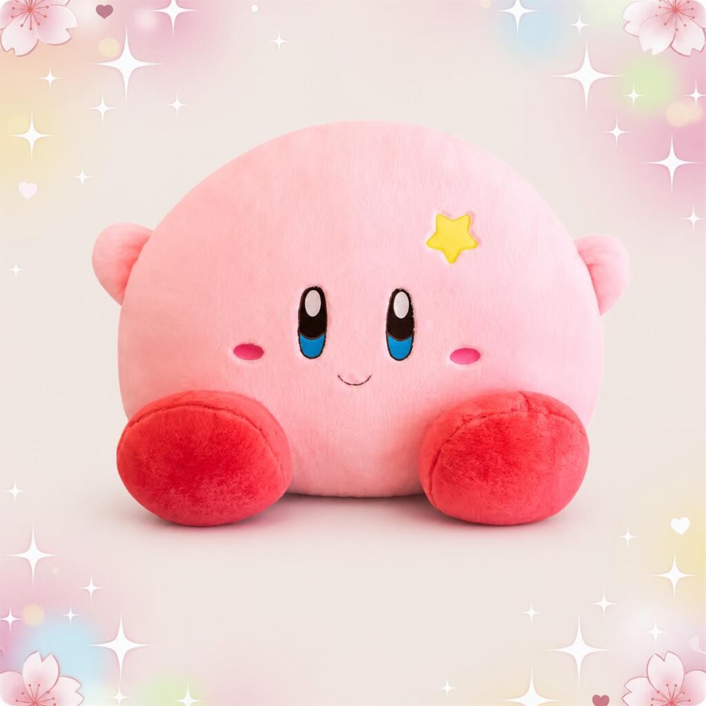 Une grande peluche Kirby grand format rose, toute douce, avec de gros pieds rouges et un petit sourire, sur un fond pastel décoré d’étoiles brillantes.