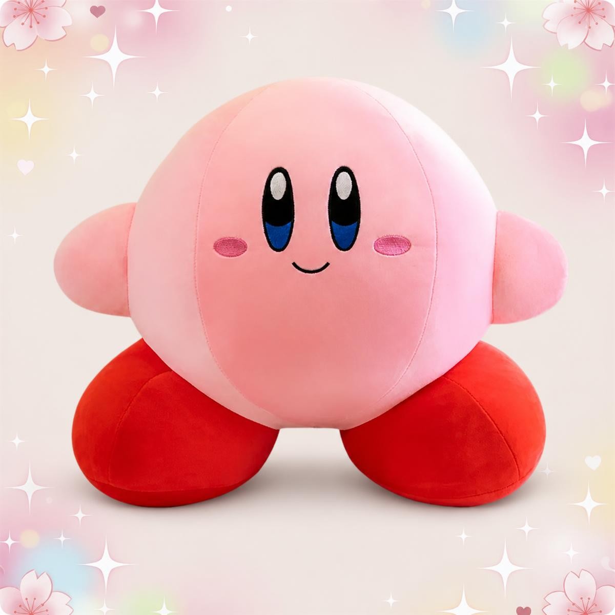 Une peluche Kirby toute moelleuse rose, ronde, avec de grands pieds rouges et un visage souriant, posée sur un fond pastel avec des étoiles et des cœurs.