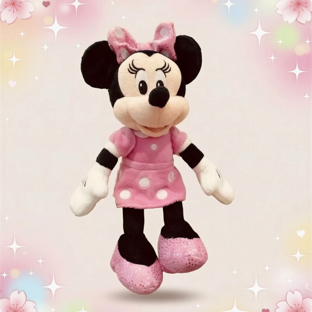 Une peluche Minnie dans sa robe rose à pois, avec un grand nœud rose et des chaussures roses, sur un fond doux avec des étoiles et des cœurs.