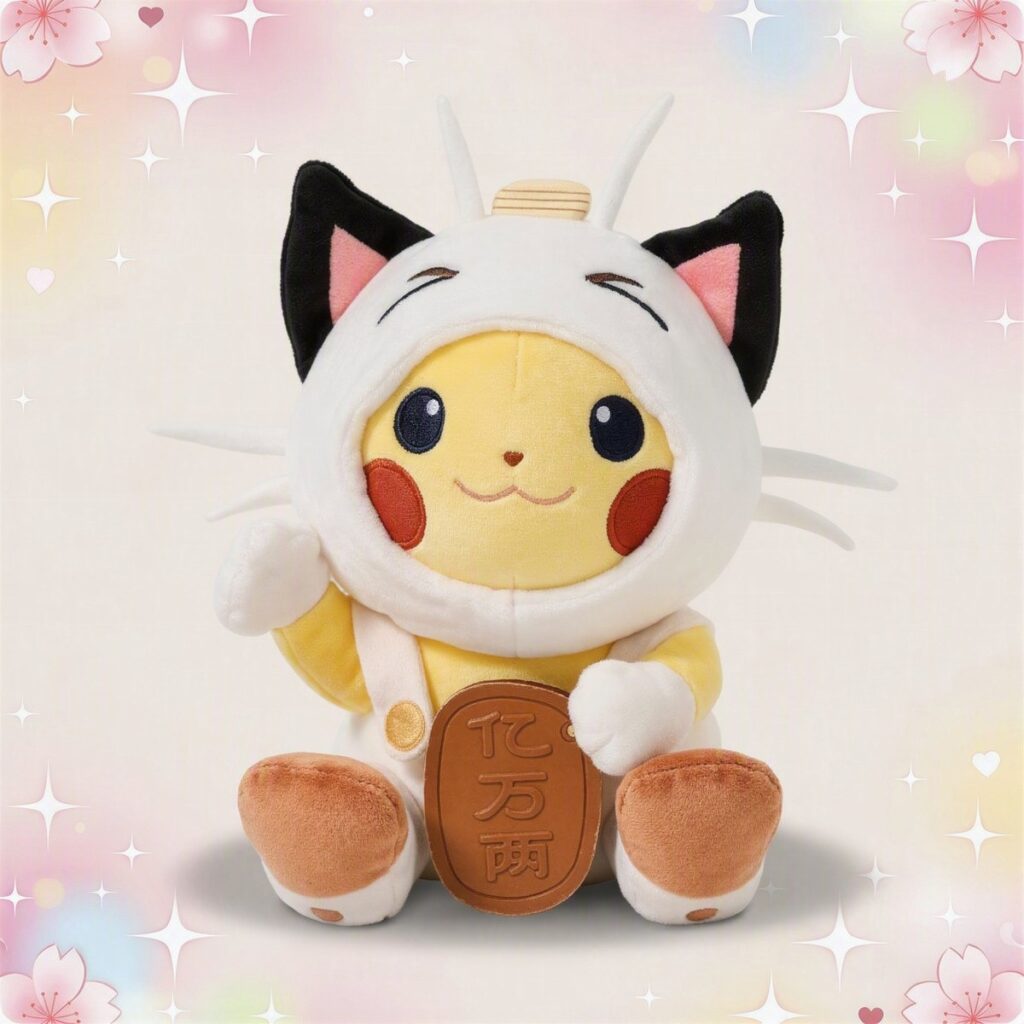 Une peluche Pikachu déguisé en Miaouss assise, avec une capuche blanche à oreilles noires, devant un fond doux rose et lumineux.