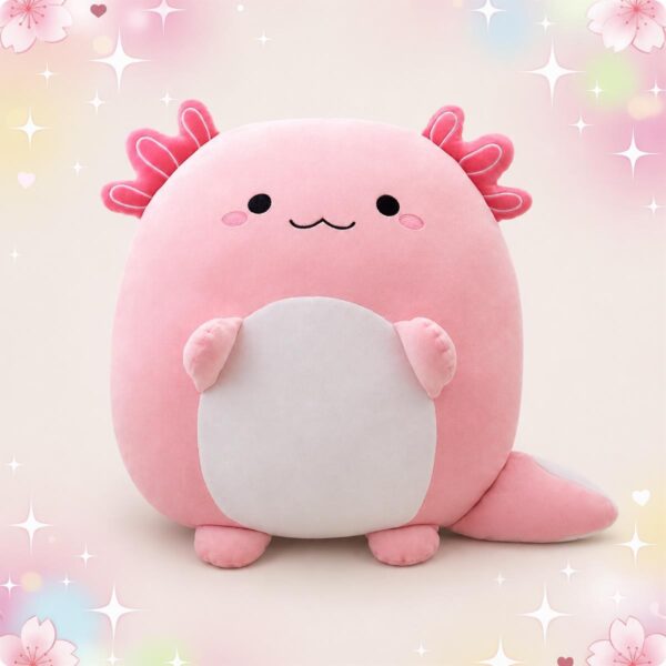Une peluche Squishmallow Axolotl rose toute ronde, avec un visage souriant, des petites branchies et un ventre blanc, posée sur un fond pastel décoré d’étoiles et de fleurs.