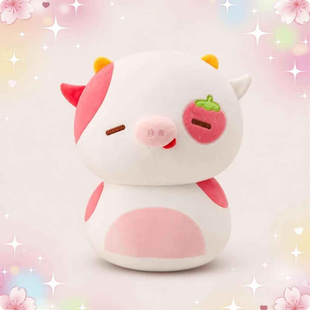 Une peluche Squishmallow vache blanche et rose, toute douce, avec de petites cornes, une tache rose sur l’œil et un ventre rose, posée sur un fond pastel avec des étoiles.
