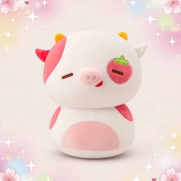 Une peluche Squishmallow vache blanche et rose, toute douce, avec de petites cornes, une tache rose sur l’œil et un ventre rose, posée sur un fond pastel avec des étoiles.