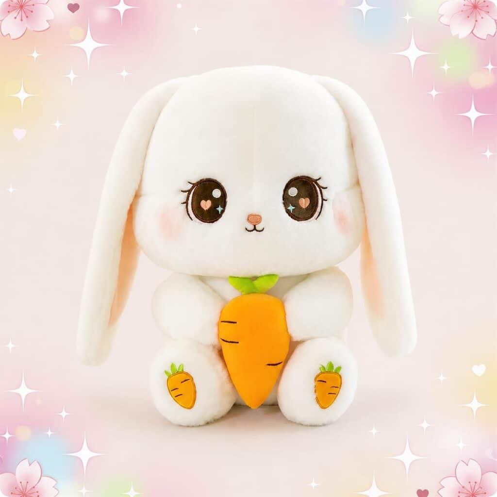 Une peluche lapin kawaii géante avec carotte blanche et toute douce, avec de grandes oreilles tombantes, de grands yeux mignons et une carotte orange dans ses pattes, sur fond pastel avec étoiles et fleurs.