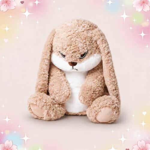 Une peluche lapin kawaii grognon à longues oreilles beige, assise avec de grandes oreilles tombantes et un air boudeur, sur un fond pastel décoré d’étoiles et de petites fleurs.