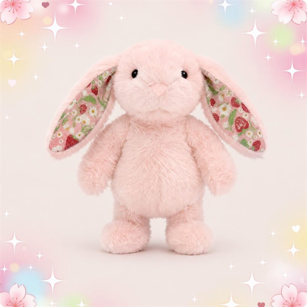 Une peluche lapin Kawaii aux oreilles à motifs colorés, rose et toute douce, debout sur un fond pastel avec des petits cœurs et des fleurs.