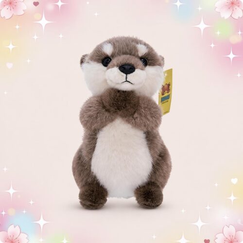 Une peluche kawaii Loutre aimantée à câliner en toute douceur, toute douce et debout au centre d’un fond rose pastel avec des petites étoiles et des fleurs.