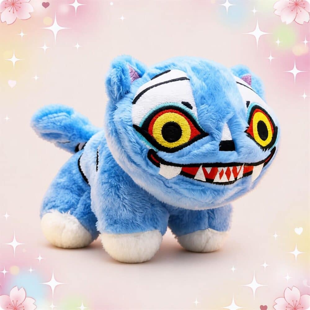 Une peluche Kpop Demon Hunters Derpy le tigre bleue, avec de grands yeux jaunes et un sourire de petit monstre, posée sur un fond pastel avec des étoiles et des cœurs.