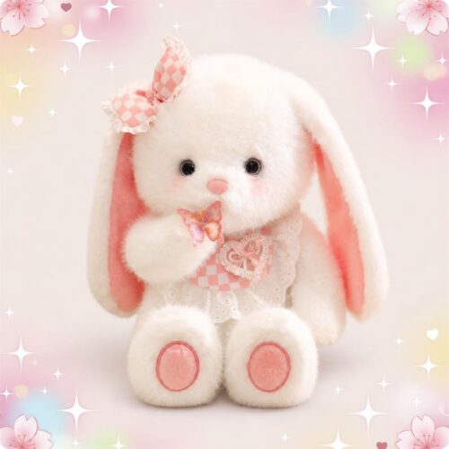 Une peluche lapin kawaii blanche à nœud rose, avec de longues oreilles roses, un petit visage doux et un décor pastel plein d’étoiles et de cœurs.