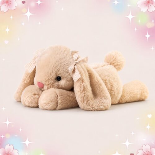 Une peluche lapin Kawaii timide transformable en oreiller douillet beige, toute molle avec de longues oreilles, un petit nez rose et des nœuds à carreaux, posée sur un fond pastel avec des fleurs et des étoiles.