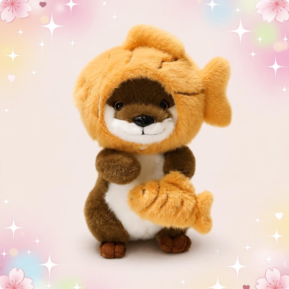 Une peluche Loutre kawaii en forme de taiyaki adorable, toute douce, avec une petite loutre marron cachée dans un taiyaki orange, sur fond pastel avec des étoiles et des cœurs.