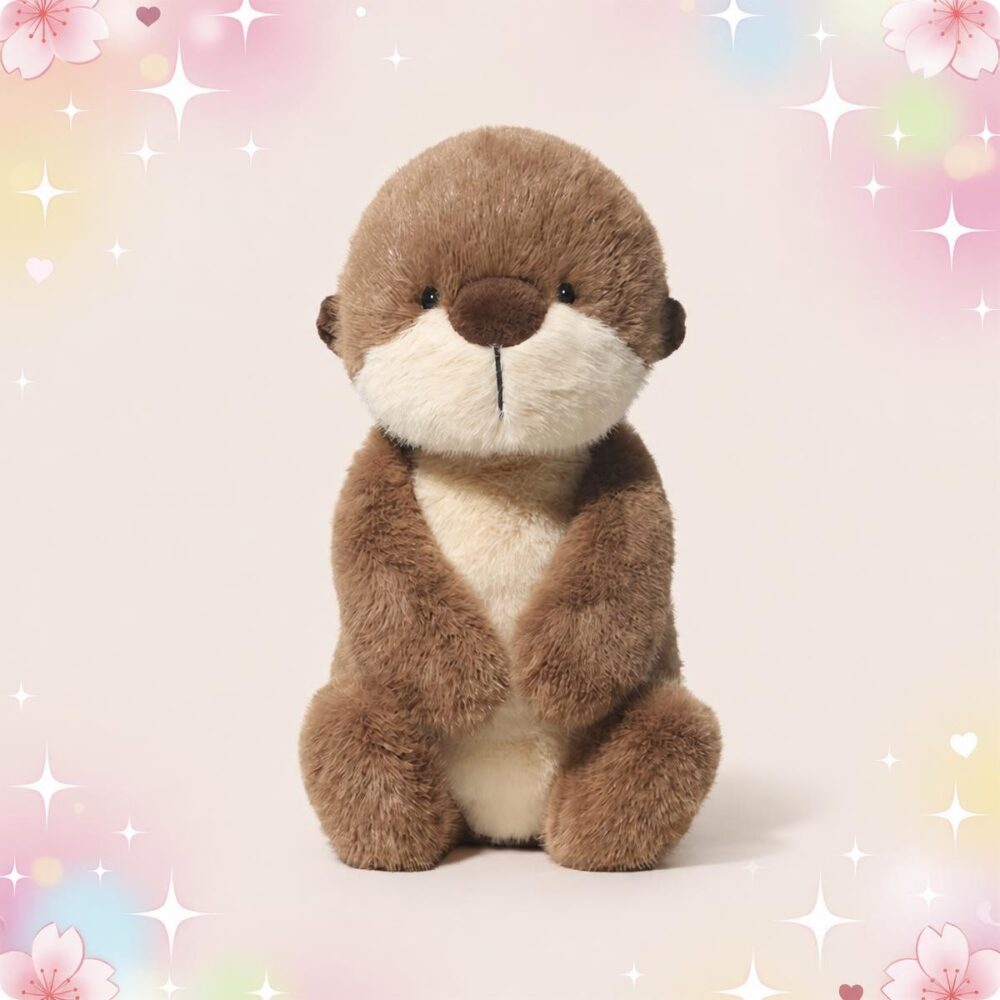 Une peluche Loutre de mer Kawaii au pelage marron doux, assise bien droite sur un fond pastel décoré d’étoiles et de petits cœurs.