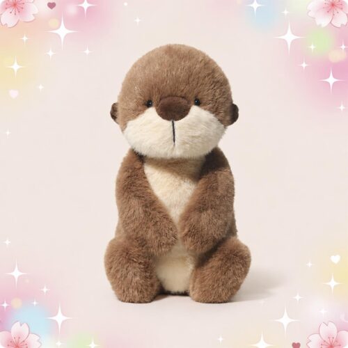Une peluche Loutre de mer Kawaii au pelage marron doux, assise bien droite sur un fond pastel décoré d’étoiles et de petits cœurs.