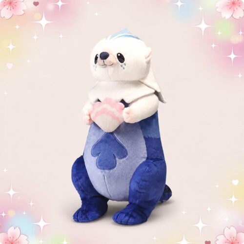 Une peluche loutre Youyou inspirée du jeu vidéo Genshin Impact, debout sur fond pastel avec des étoiles et des fleurs, tenant un petit cœur rose entre ses pattes.