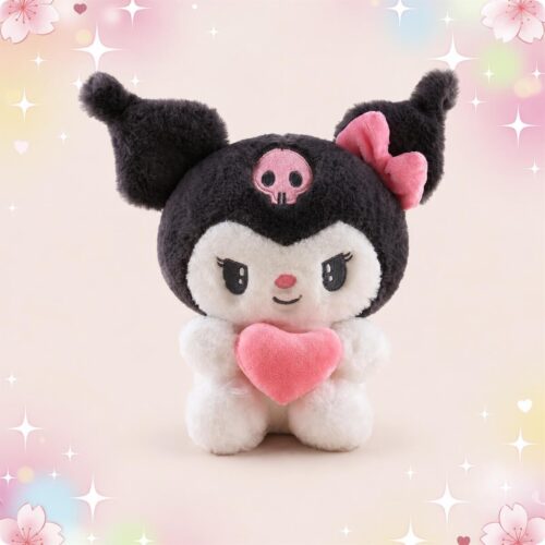 Une peluche Sanrio Kuromi noire et blanche, avec de grandes oreilles et un cœur rose dans les pattes, sur un fond pastel décoré de petits cœurs et d’étoiles.