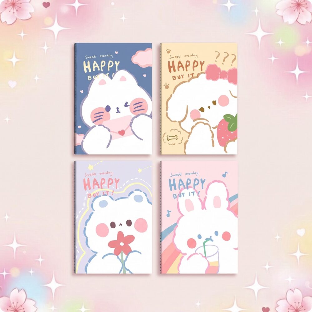Un lot de 4 carnets kawaii format A5 imprimé chat, avec de jolies couvertures pastel montrant des petits chats mignons, sur un fond rose doux et scintillant.