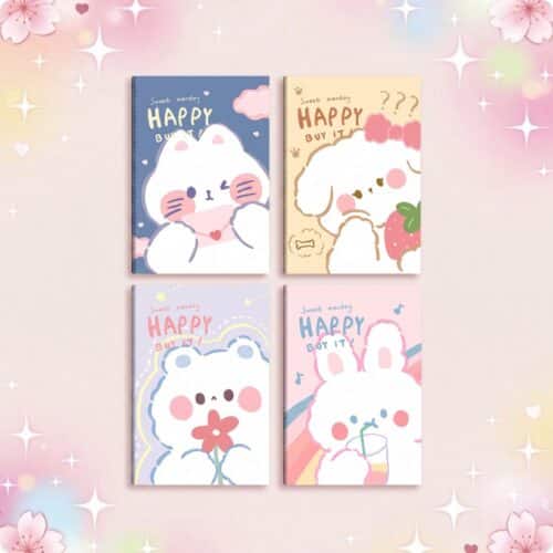 Un lot de 4 carnets kawaii format A5 imprimé chat, avec de jolies couvertures pastel montrant des petits chats mignons, sur un fond rose doux et scintillant.
