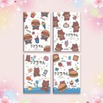 Lot de 4 carnets kawaii format A5 imprimé ourson avec des petits ours dessinés sur les couvertures, dans des couleurs douces et gourmandes, sur un fond pastel décoré d’étoiles et de cœurs.