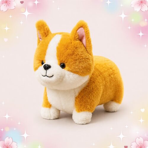Une peluche chien Corgi douce et jaune orangé, avec un ventre blanc, des petites pattes et de grandes oreilles, posée sur un fond rose pastel décoré d’étoiles et de fleurs.