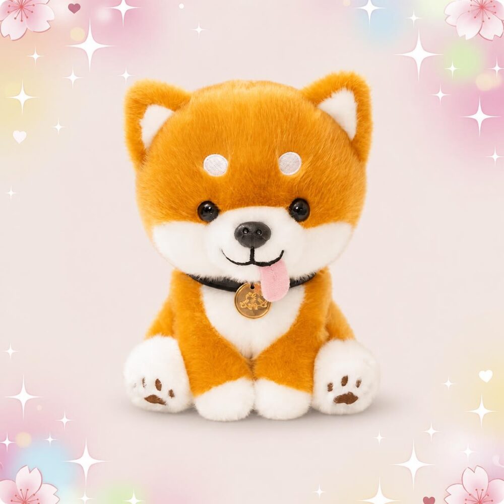 Une peluche chien Shiba Inu assis orange et blanc, avec un petit collier, posée sur un fond pastel avec des étoiles et des fleurs.