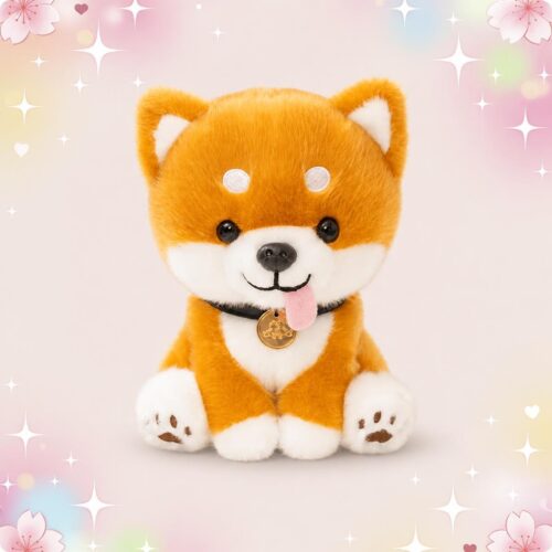 Une peluche chien Shiba Inu assis orange et blanc, avec un petit collier, posée sur un fond pastel avec des étoiles et des fleurs.